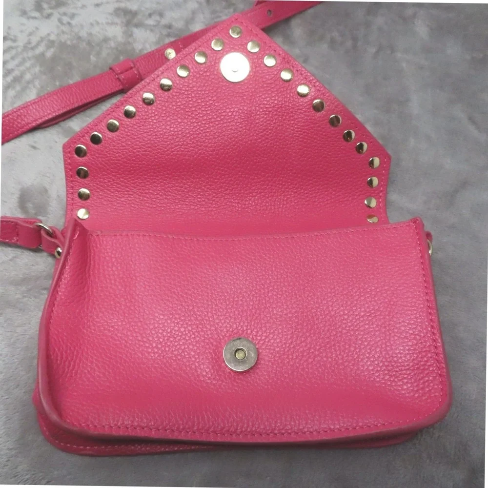 BTB Los Angeles Hot Pink Rocker Biker Styling Leather Gold Studded Crossbody Bag